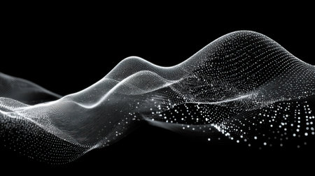 Captivating abstract digital wave background showcasing fluid motion with intricate dots and lines in stark black and white, ideal for creative visual projects.の素材