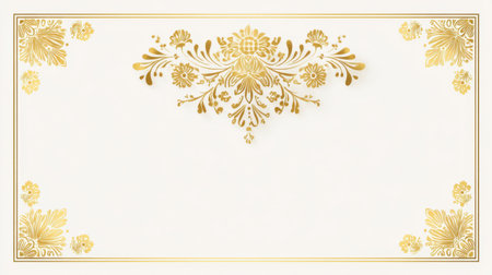 Beautiful gold floral design accents on a soft white background create an elegant template for invitations and greeting cards, ideal for various special occasions.の素材