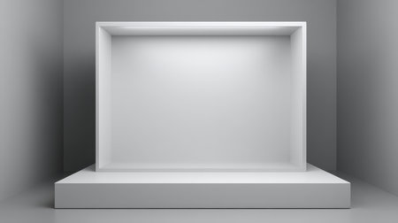 This image features a minimalist display space with a white frame and gray background, ideal for showcasing products or artwork in a modern interior environment.の素材