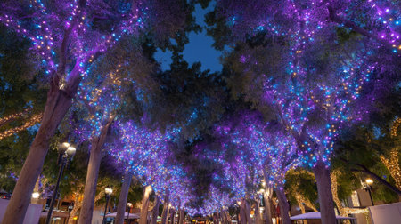 A vibrant display of illuminated trees adorned with colorful lights creates magical atmosphere, inviting viewers to experience enchanting beauty of nightの素材