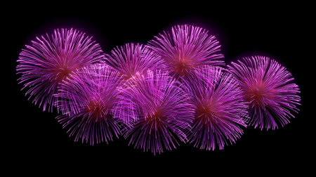 A stunning display of purple fireworks bursting in vibrant cluster, illuminating night sky with their glowing trails, creating festive and celebratory atmosphereの素材