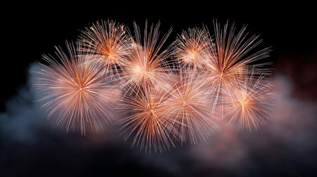 A grand finale firework scene with multiple bursts overlapping in vibrant colors, illuminating night sky and creating festive atmosphereの素材