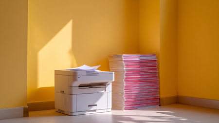 A printer beside stacks of colorful paper in bright office corner symbolizes productivity and organization. warm yellow wall enhances cheerful atmosphere, making it inviting workspaceの素材