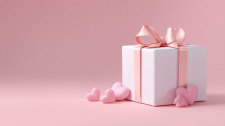 A beautifully wrapped gift box adorned with pink ribbon bow, surrounded by heart shaped candies, evokes sense of love and celebration. perfect for valentine day or special occasionsの素材