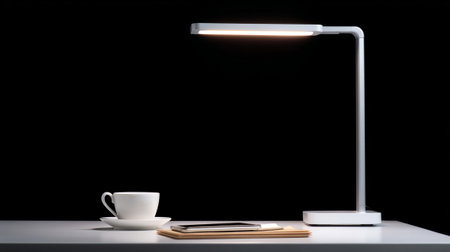 A modern desk lamp illuminating workspace, symbolizing dedication and focus. clean design complements cup of coffee, tablet, and notebooks, creating inviting atmosphere for productivityの素材
