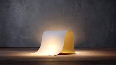 A creative scene featuring unfurled parchment illuminated from below, casting warm glow on wooden surface. contrast between parchment and textured background adds depth and intrigueの素材