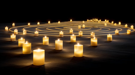 A candlelit patterns on festival ground create warm and inviting atmosphere, with glowing candles arranged in spiral design that captivates viewer attentionの素材