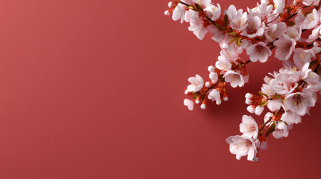 A cherry blossom branches in bloom create stunning contrast against plain red background, evoking feelings of beauty and tranquility. delicate pink flowers add touch of elegance to any settingの素材