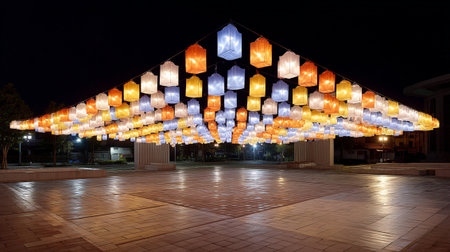 A bright lanterns illuminating festival square create vibrant atmosphere at night, showcasing beautiful arrangement of colors and shapes that enhance festive spiritの素材