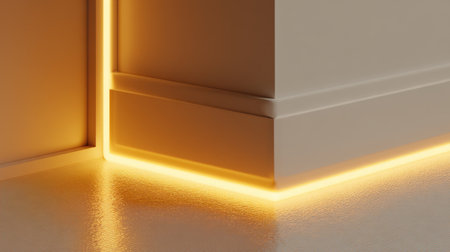 A modern corner featuring warm, glowing light along the edges of wall and floor. This inviting scene creates a tranquil atmosphere, enhancing contemporary interior spaces.の素材