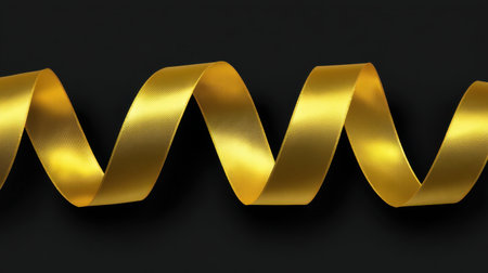 A stunning golden satin ribbon gracefully twists and waves against a dark background, perfect for decoration, gifting, and adding a touch of elegance to any project.の素材