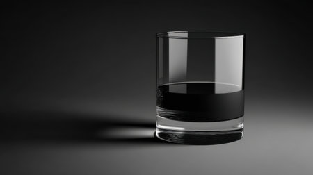 A striking image of a glass containing dark liquid set against a black background, highlighting smooth reflections and intricate shadows in a minimalistic style.の素材
