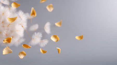 A dandelion seeds floating in wind symbolize happiness and freedom, creating serene and uplifting atmosphere. delicate petals add touch of warmth and beauty to sceneの素材