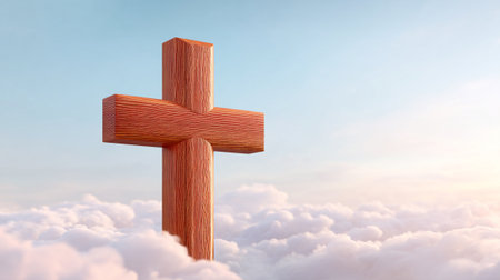 A closeup of wooden cross with natural texture, set against bright sky and fluffy clouds, evokes sense of peace and spiritualityの素材