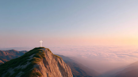 A cross standing alone on cliff during golden hour, surrounded by soft clouds and mountains, evokes sense of peace and reflection. warm light enhances serene atmosphereの素材
