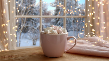 A cozy cup of hot cocoa topped with marshmallows sits on wooden table by window, surrounded by winter wonderland and soft glowing lights, creating warm and inviting atmosphereの素材