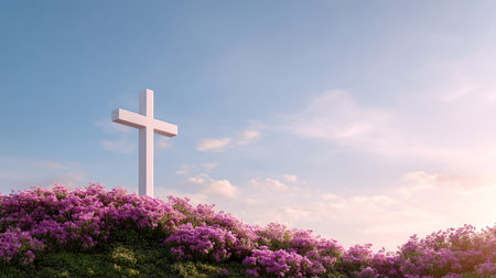 A cross on small hill surrounded by blooming flowers creates serene and uplifting scene, symbolizing hope and faith in beautiful landscapeの素材