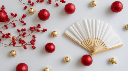 An elegant decorative fan and festive ornaments arranged on clean surface, creating joyful holiday atmosphere with red and gold accentsの素材
