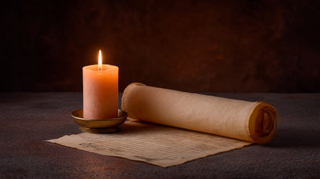 A warm candle illuminates vintage parchment scroll resting on textured surface, evoking sense of history and nostalgia. soft glow of candle enhances dramatic atmosphere, inviting contemplationの素材