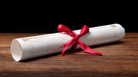 An elegant scroll styled document tied with red ribbon, resting wooden surface, evokes sense of history and importance. this beautifully crafted piece symbolizes significant declarationsの素材