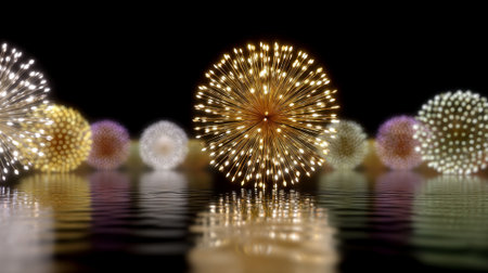 A radiant geometric spheres illuminate scene, reflecting beautifully water surface, creating mesmerizing festival of lights atmosphere. vibrant colors and intricate designs evoke sense of wonderの素材