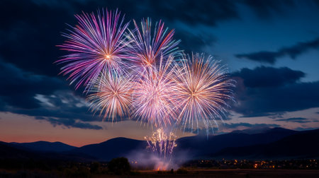 A fireworks illuminate night sky with vibrant colors, creating stunning display above mountain horizon. scene evokes sense of celebration and wonderの素材