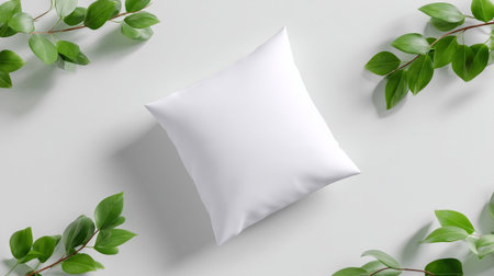 A clean and minimalistic flat lay composition featuring white pillow mockup surrounded by fresh green leaves, creating serene and inviting atmosphereの素材