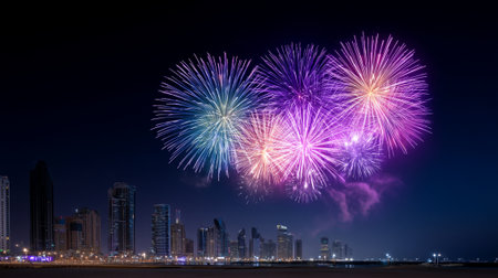 A fireworks illuminate night sky above vibrant city skyline, creating stunning display of colors and excitement. scene captures festive atmosphere and urban beautyの素材