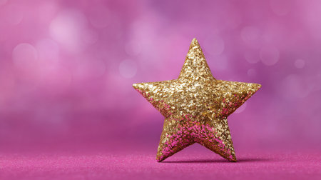 A glittering golden star on vibrant pink background symbolizes happiness and celebration, radiating joy and positivity in festive atmosphereの素材
