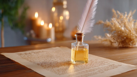 A feather quill rests in ink bottle beside ancient manuscript, evoking sense of historic symbolism and creativity. warm glow of candles enhances tranquil atmosphereの素材