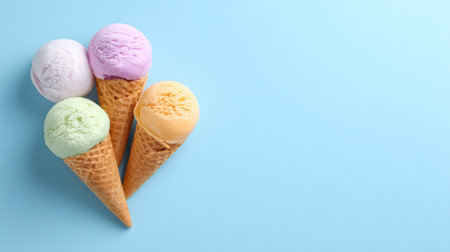 A delightful ice cream cones with pastel scoops of pink, green, yellow, and purple against bright blue background create cheerful and refreshing sceneの素材