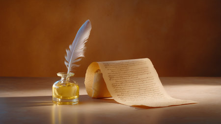 A beautiful feather quill rests in glass ink bottle beside rolled parchment, evoking sense of historic symbolism and creativity. warm lighting enhances nostalgic atmosphereの素材