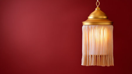 A beautiful lantern with gold tassels glowing softly against plain red background, creating warm and inviting atmosphere. elegant design adds touch of sophistication to any spaceの素材