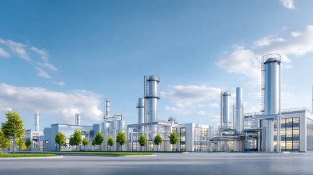 A large scale industrial complex featuring modern architecture with futuristic elements, showcasing tall structures and glass facades clear blue sky. scene conveys sense of innovation and progressの素材