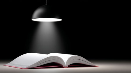 An open book illuminated by soft lamp light creates serene and inviting atmosphere, perfect for reading or studying. contrast between dark background and light enhances focus book, symbolizingの素材