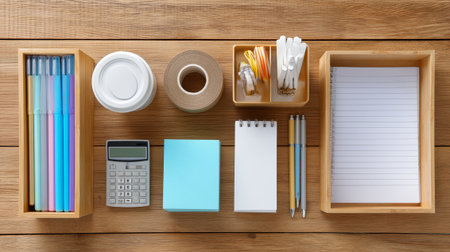 An office supplies arranged neatly on wooden desk, showcasing variety of items including pens, calculator, sticky notes, and notepad, creating organized workspaceの素材