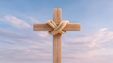 A rustic wooden cross with rope tied around center, set against serene sky. this evokes sense of peace and spirituality, perfect for various themesの素材
