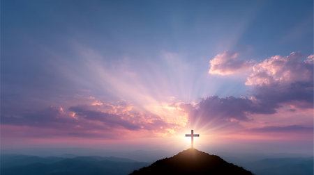 A beautiful silhouette of cross on mountaintop, illuminated by rays of light breaking through clouds at sunrise, evokes sense of peace and hopeの素材