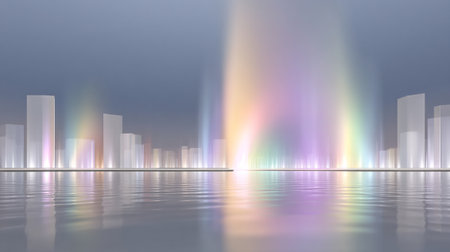 A serene landscape featuring tranquil body of water reflecting vibrant digital light structures in various colors, creating mesmerizing festival atmosphereの素材