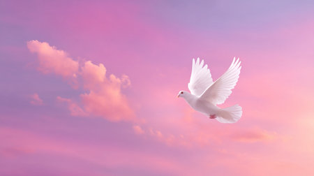 A glowing white dove flying across soft pastel sky, symbolizing peace and hope, creates serene and uplifting atmosphere. gentle hues of pink and purple enhance feeling of tranquilityの素材