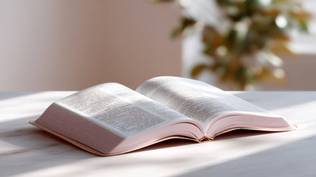 A beautifully open bible rests on table, illuminated by gentle light that creates soft shadows across its pages, inviting reflection and contemplationの素材