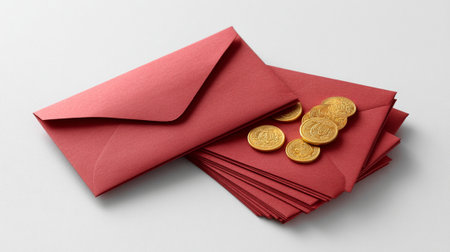 A pile of red envelopes is neatly arranged with shiny gold coins placed on top, symbolizing prosperity and good fortune. this vibrant display evokes feelings of celebration and joyの素材