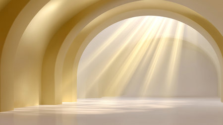A golden beams of light streaming through elegant arches create serene and spiritual atmosphere in minimalist space. soft glow enhances tranquil ambianceの素材