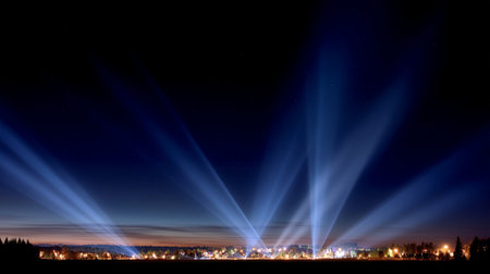 A radiant beams of searchlights illuminate night sky, creating stunning display over tranquil landscape. vibrant lights contrast beautifully with dark horizon, evoking sense of wonder and excitementの素材