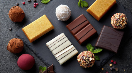 A stunning arrangement of assorted chocolates and truffles elegantly presented on a dark slate surface, complemented by fresh mint leaves and colorful garnishes, perfect for showcasing gourmet treats.の素材