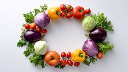 A vibrant display of fresh vegetables including tomatoes, bell peppers, and cabbages arranged in a circular shape, perfect for health and culinary visuals.の素材