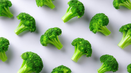 Bright and fresh broccoli florets are neatly arranged on a white background, showcasing their vibrant green color and nutritional benefits for healthy eating.の素材