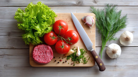 This image captures fresh ingredients for cooking, featuring lettuce, tomatoes, ground beef, and aromatic herbs on a wooden cutting board in a cozy kitchen.の素材