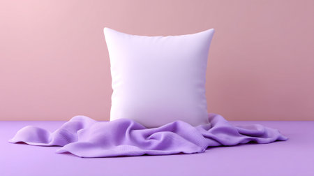 A soft, white pillow is elegantly placed on light purple blanket, creating serene and inviting atmosphere against pastel pink background. combination of colors adds calming touch to any spaceの素材