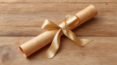 A rolled vintage scroll tied with golden ribbon rests on wooden surface, symbolizing important documents or declarations. this elegant presentation evokes sense of history and significanceの素材